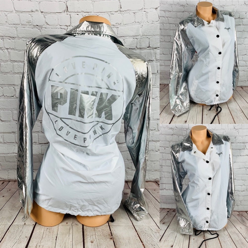 VS PINK Snap Front Coach Jacket White / Silver
